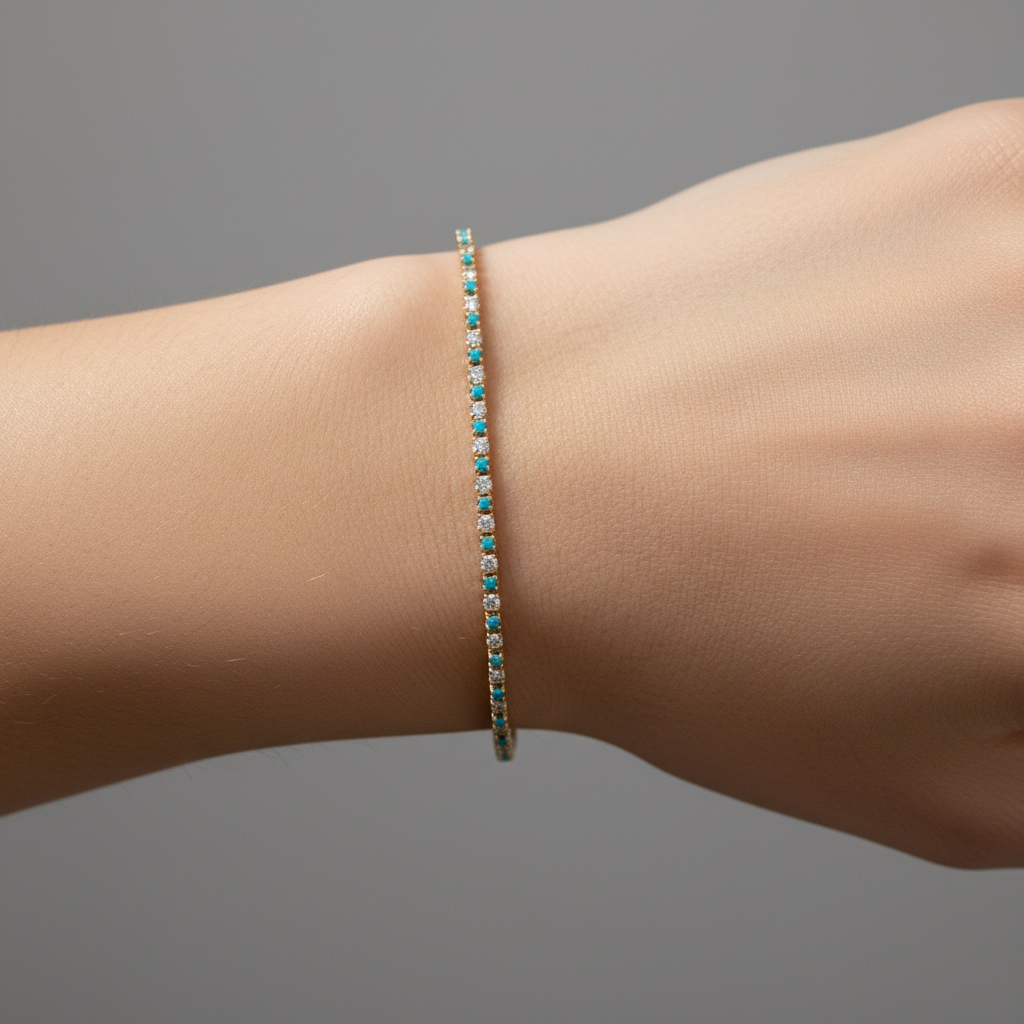BTF65392TQ. 14k Solid Gold Diamond and Turquoise Beaded Bracelet