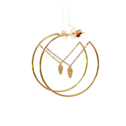14k Solid Gold Diamond Heart Dangle Hoops Earrings