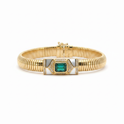 CB97170EM8X6. 14k Solid Gold Diamond, Emerald, and Mother of Pearl Fancy Bracelet