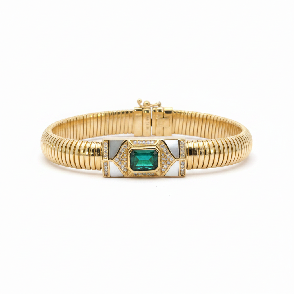 CB97170EM8X6. 14k Solid Gold Diamond, Emerald, and Mother of Pearl Fancy Bracelet