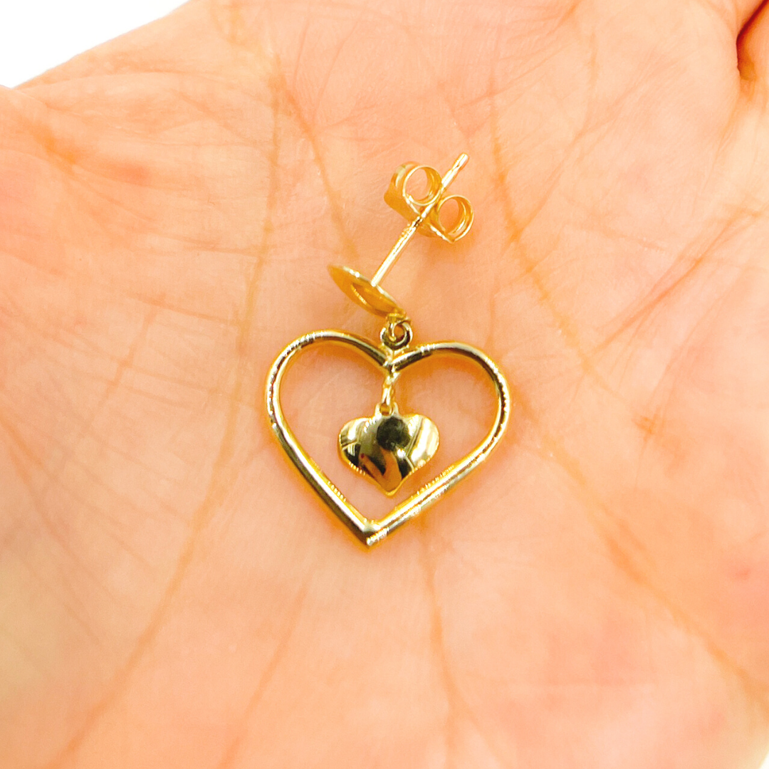 14K Gold Dangle Earring with Two Hearts. GER115