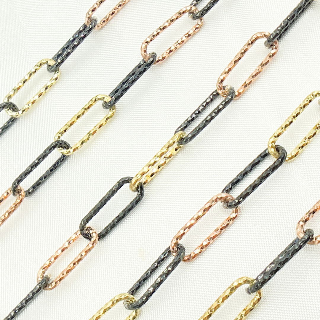 Gold Plated, Black Rhodium & Rose Gold Plated 925 Sterling Silver Diamond Cut Paperclip Chain. V9GBR