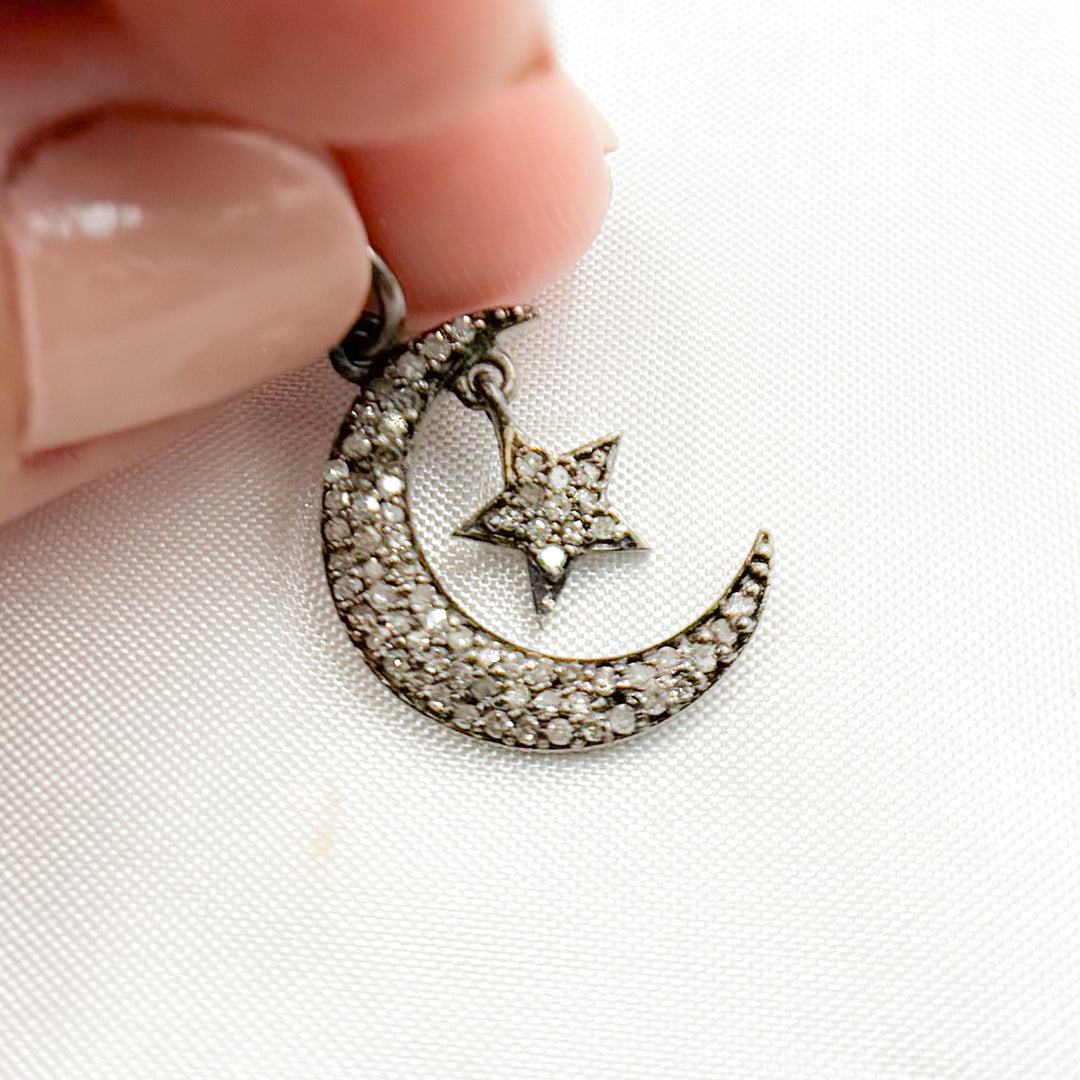 DC417. Diamond Sterling Silver Moon and Dangle Star Pendant