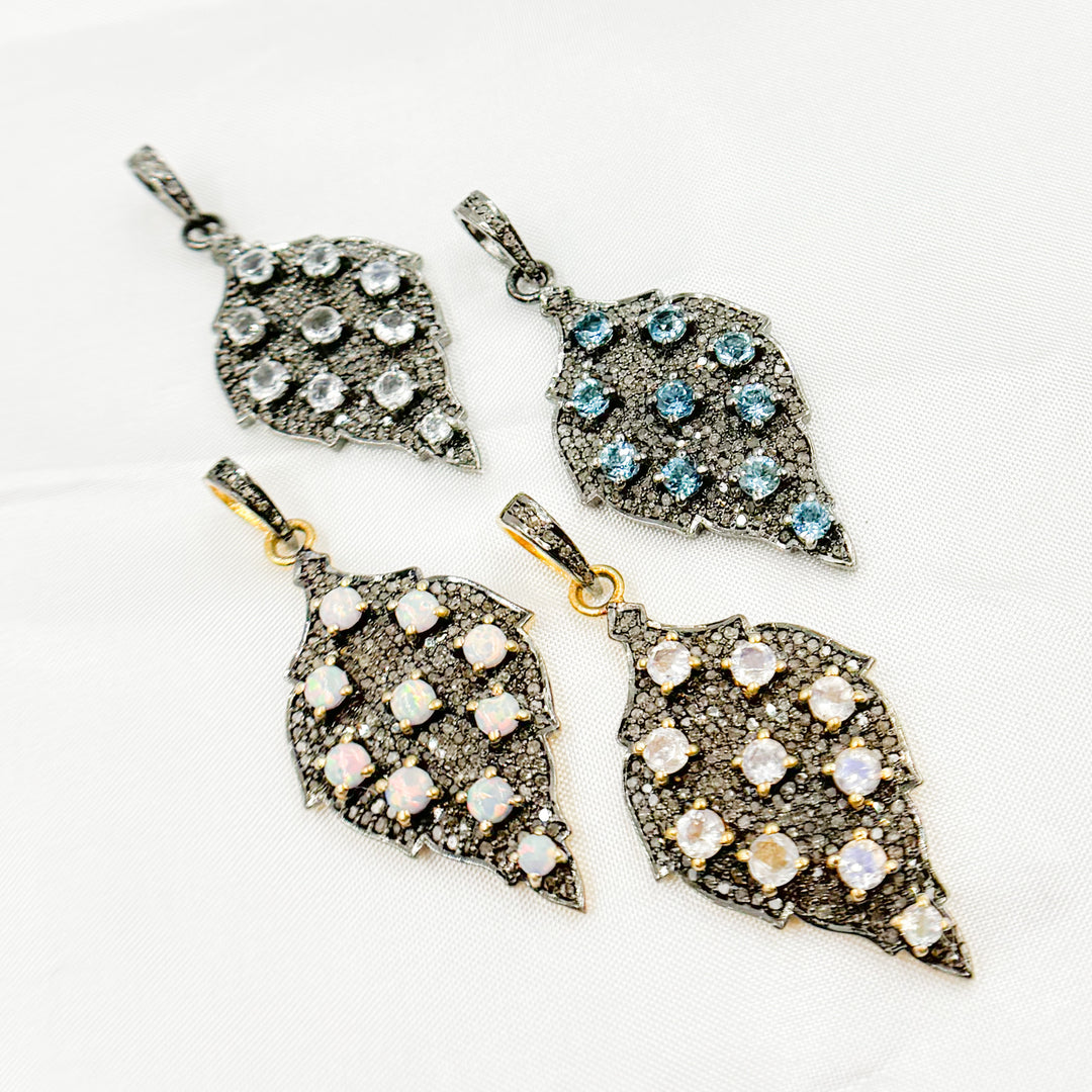 DSP038.  Diamond Sterling Silver Leaf Shape Pendant with Gemstones