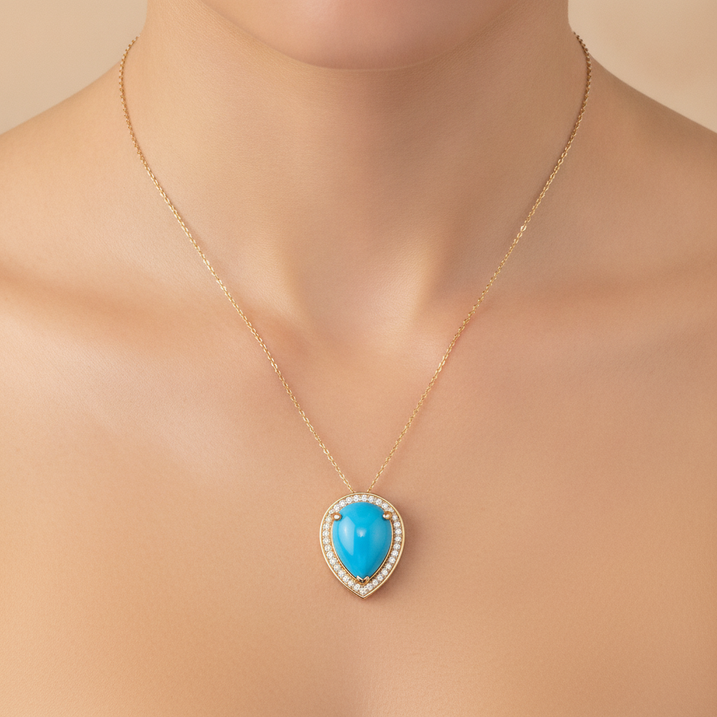 CP96889TQ15X11. 18K Solid Gold Diamond and Turquoise Pendant