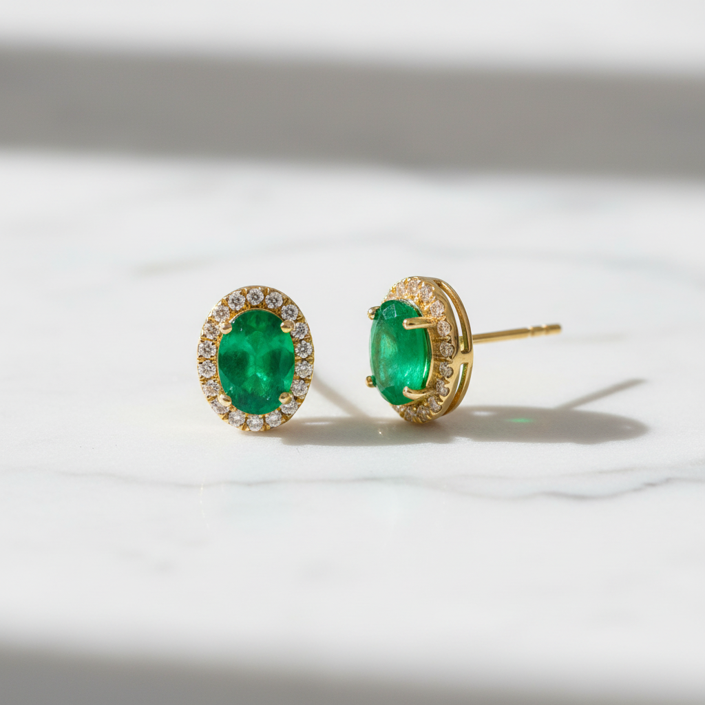 CE97161EM7X5. 14k Solid Gold Diamond and Emerald Stud Earrings