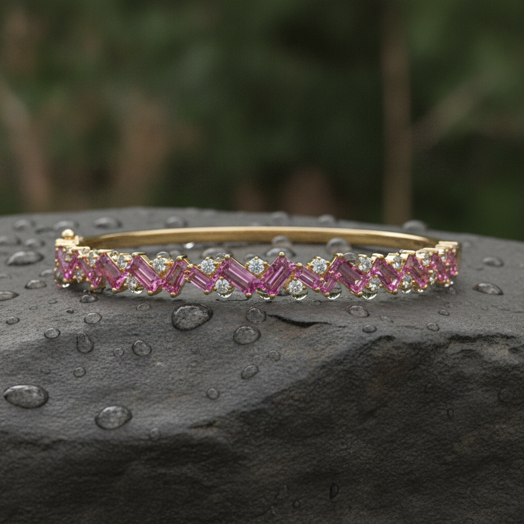 BNG68665PS. 14K Yellow Gold Baguette-Cut Pink Sapphire & Diamond Bangle