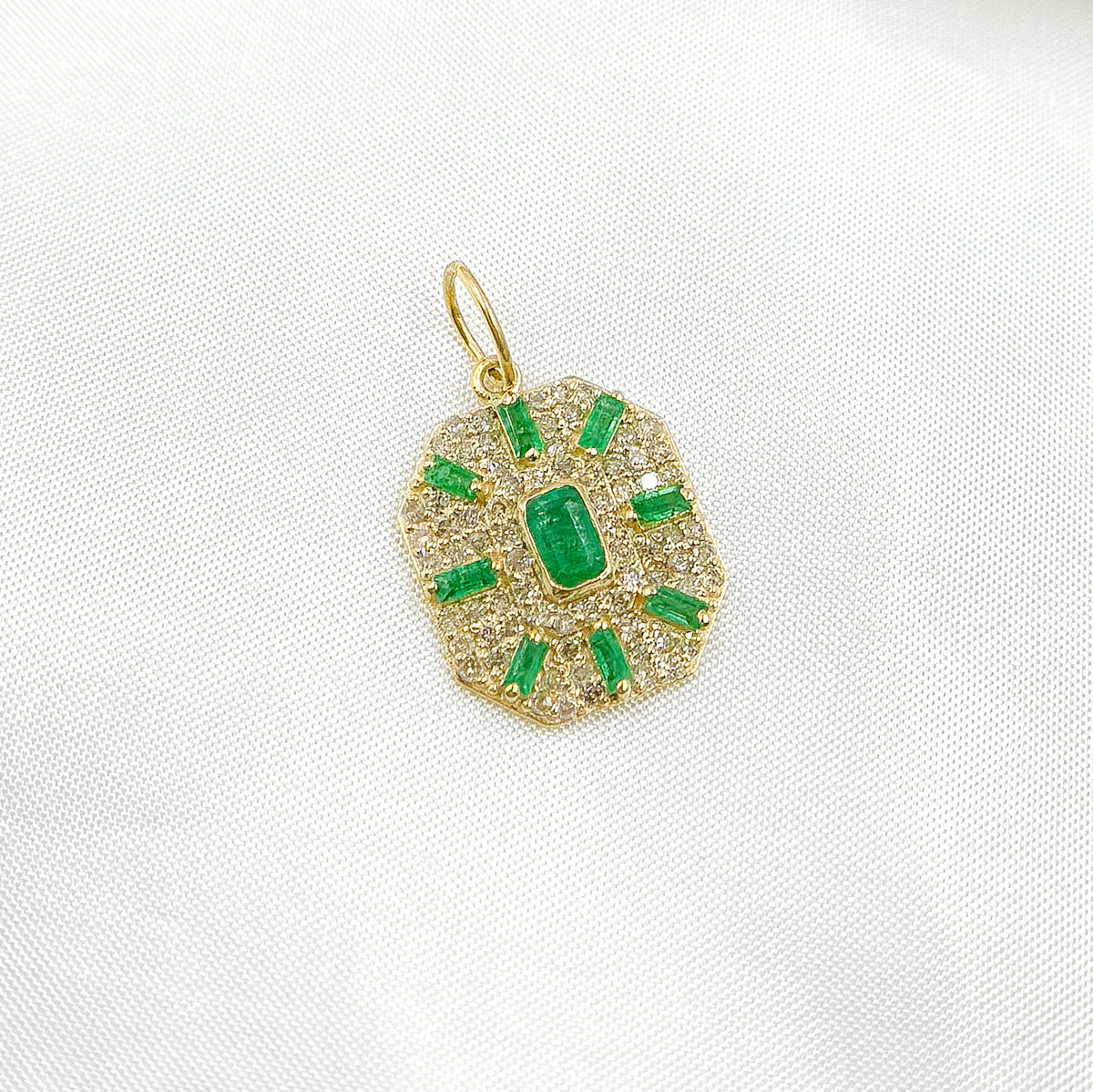 GDP652. 14k Solid Gold Diamond and Emerald Octagon Charm