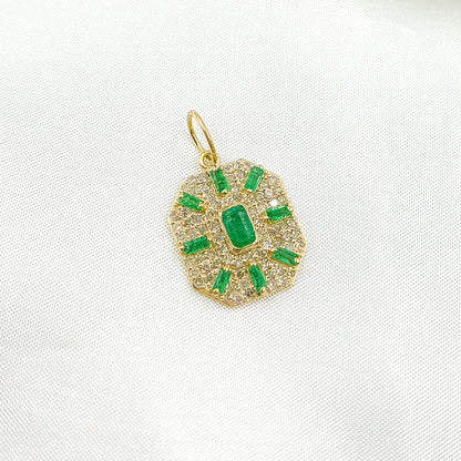 GDP652. 14k Solid Gold Diamond and Emerald Octagon Charm
