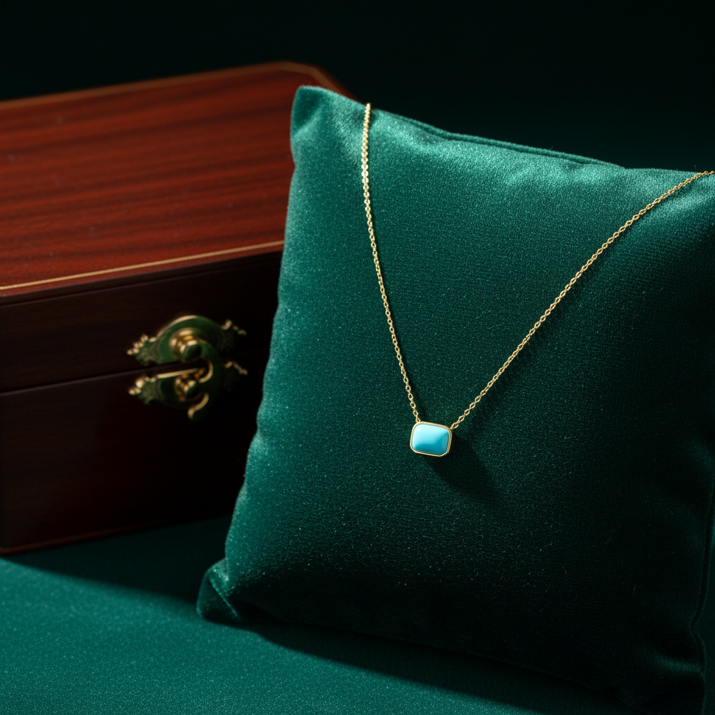 NT410755. 14K Solid Gold Rectangular Turquoise Fancy Tiny Necklace