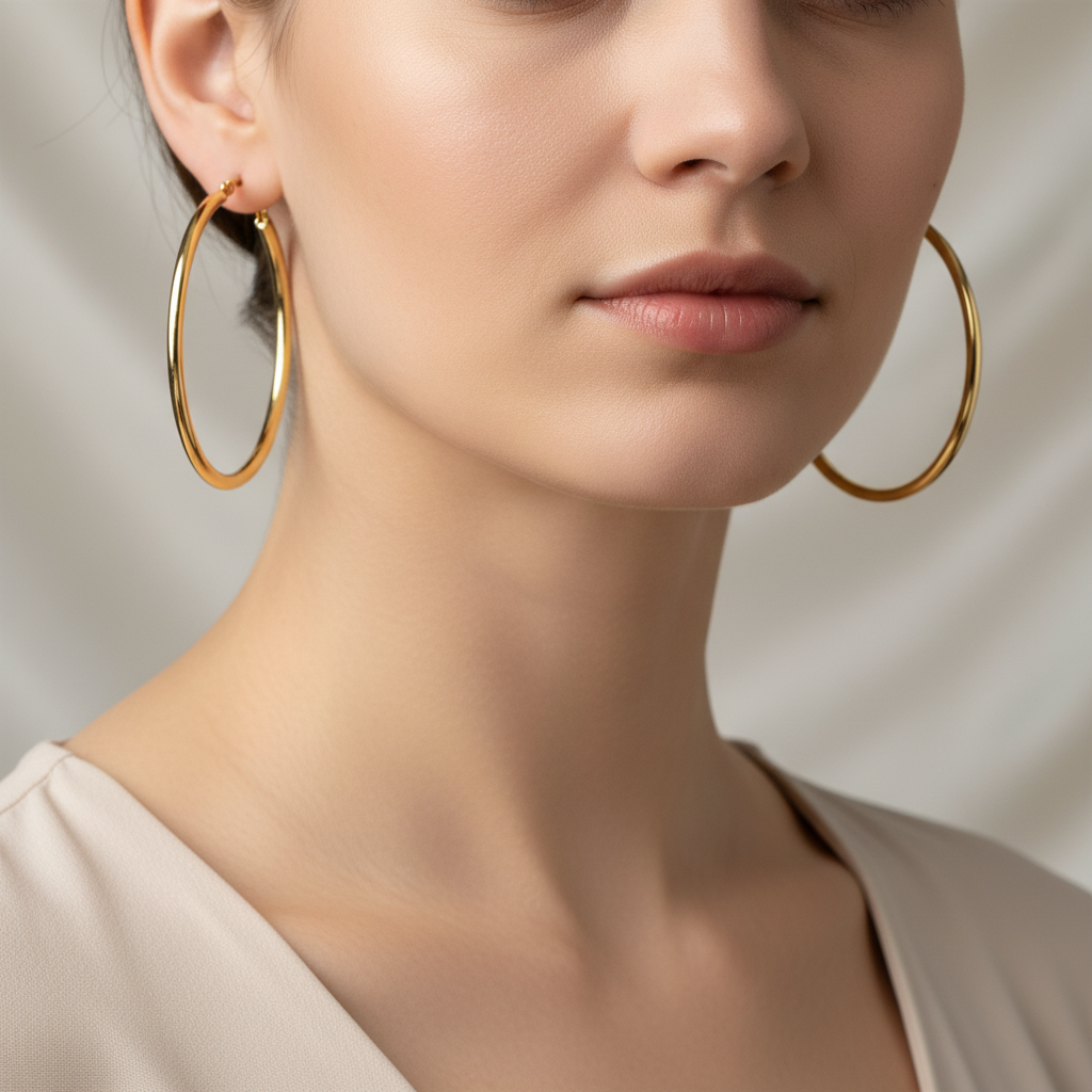 GER165. 14K Solid Gold Hollow Smooth Hoop