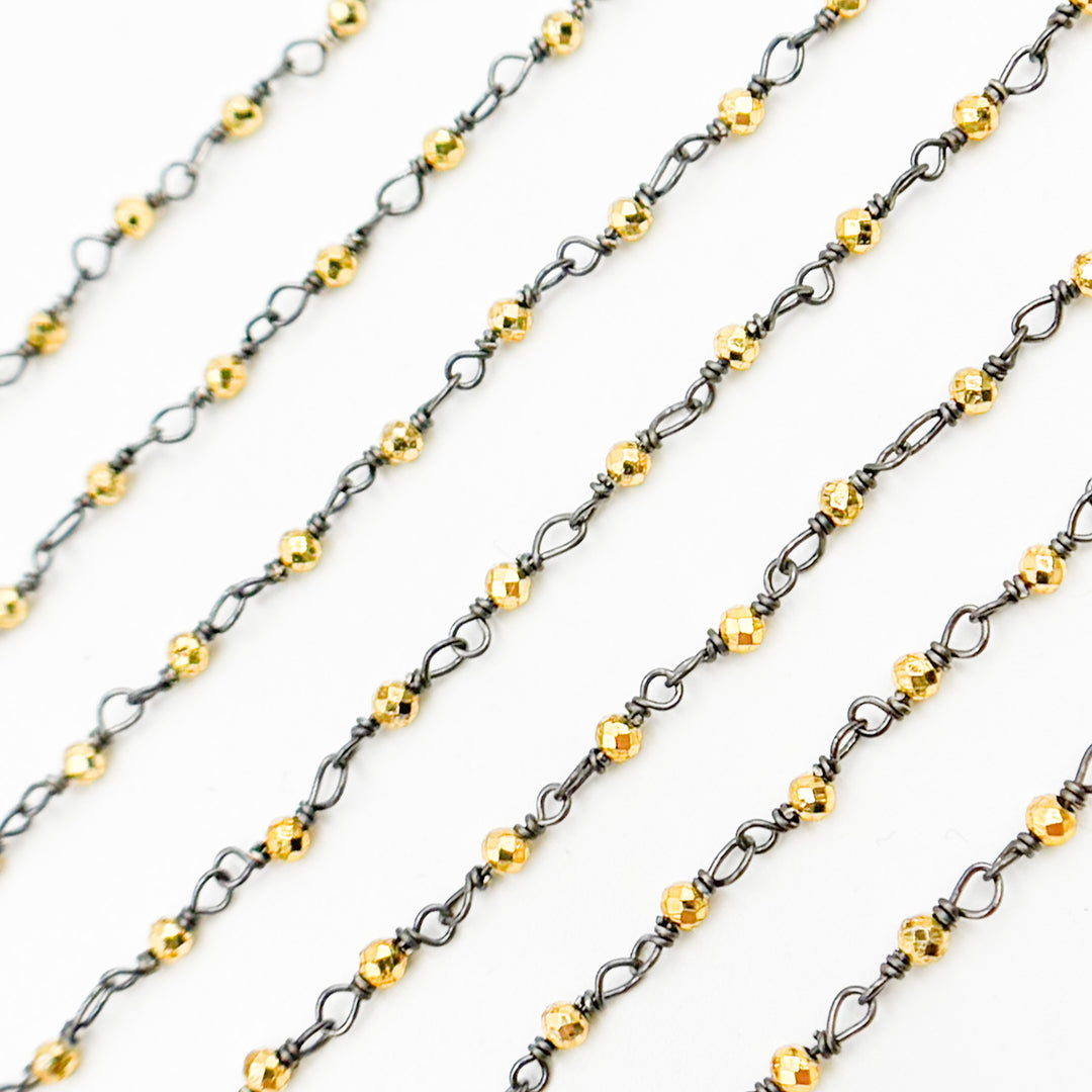 PYR14. Black Rhodium Sterling Silver and Gold Pyrite Wire Wrapped Beads Chain