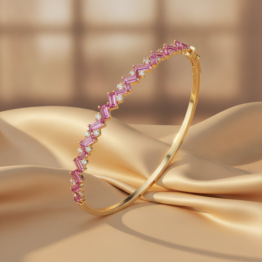 BNG68665PS. 14K Yellow Gold Baguette-Cut Pink Sapphire & Diamond Bangle