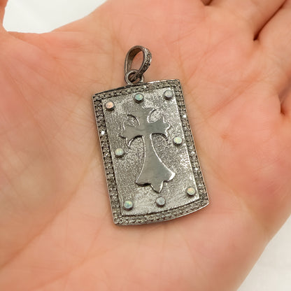 DP312. Diamond Sterling Silver Rectangle Cross Pendant with Gemstone