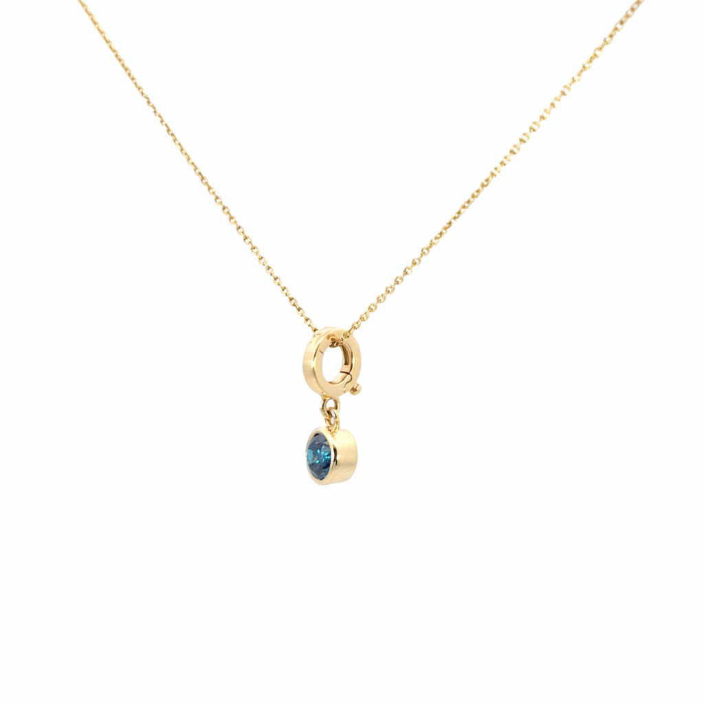 CMF00357B. 14K Solid Gold Blue Natural Diamond Round Charm