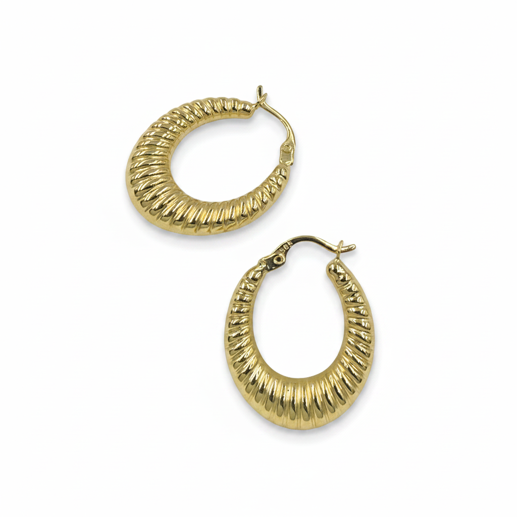 GER128. 14K Solid Gold Chunky Croissant Hollow Hoop Earrings