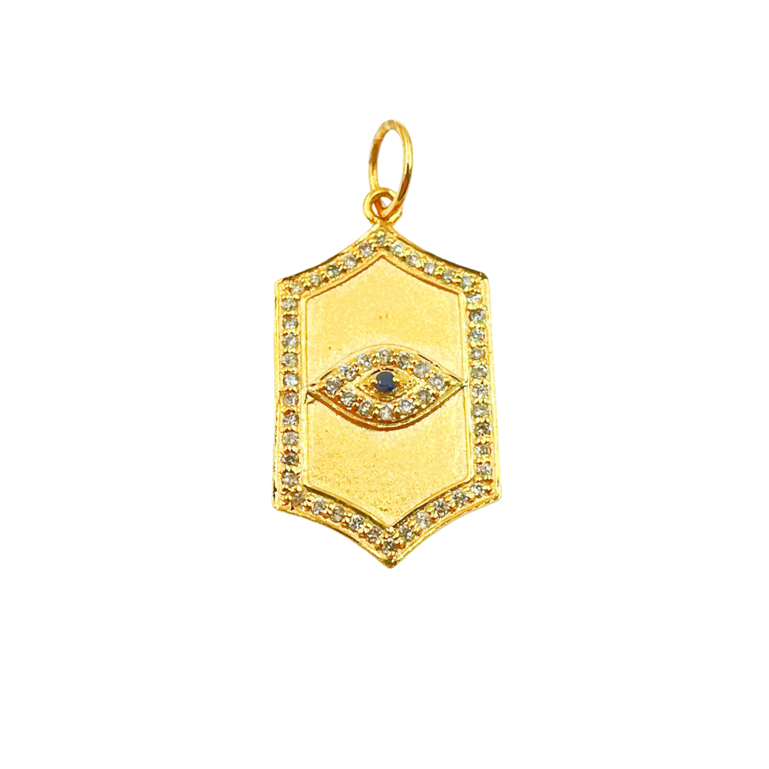 14K Solid Gold Charm. Organic Shape Pendant with Diamonds and Blue Sapphire. GDP331