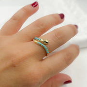  14K Solid Yellow Gold Diamond and Turquoise Open Snake Ring