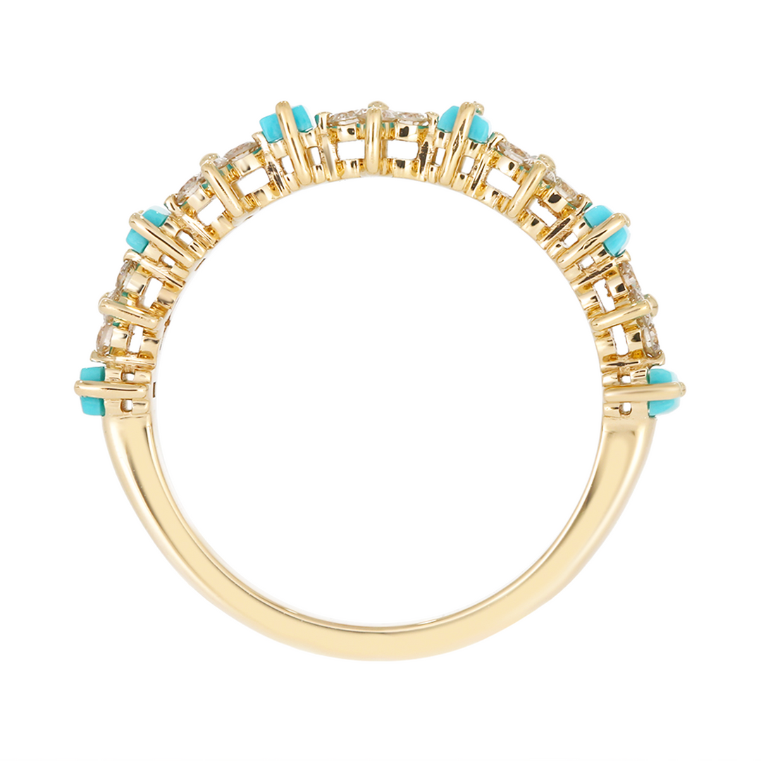 RAF01630TQ. 14K Solid Yellow Gold Diamond and Turquoise Flower and Baguette Ring