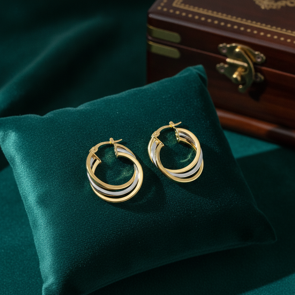 GER19. 14K Two-Tone Gold Hollow Hoop Earrings