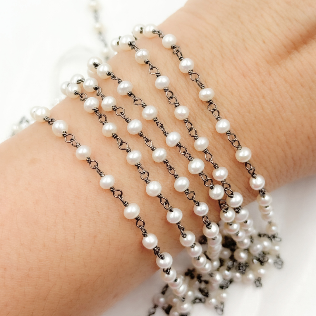 PRL19. Freshwater Pearl Round Shape Oxidized Wire Chain