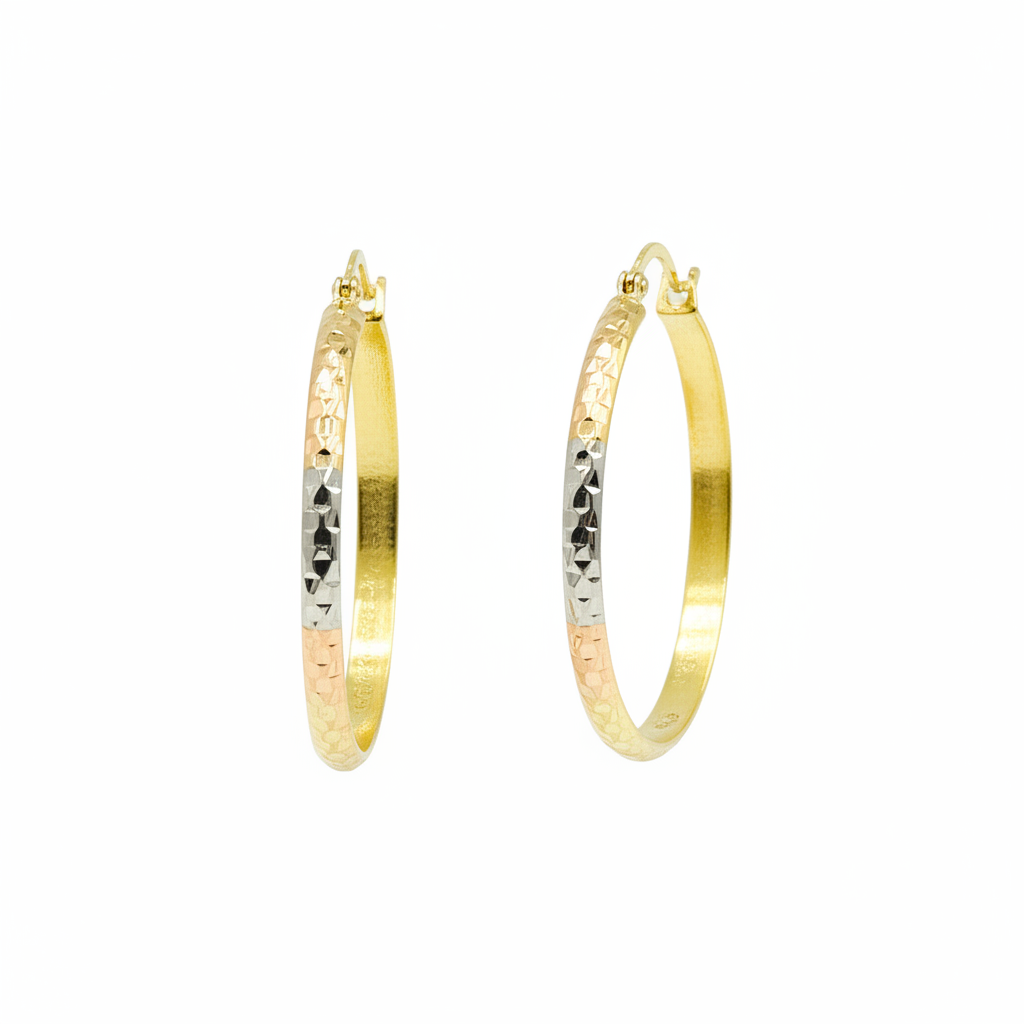 GER65. 14K Gold Tri-Color Hoop Earrings with Engraved Tornado Design