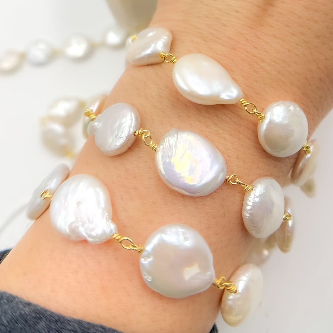 PRL5.  Coin Shape Freshwater Pearl with Gold Plated Sterling Silver Chain