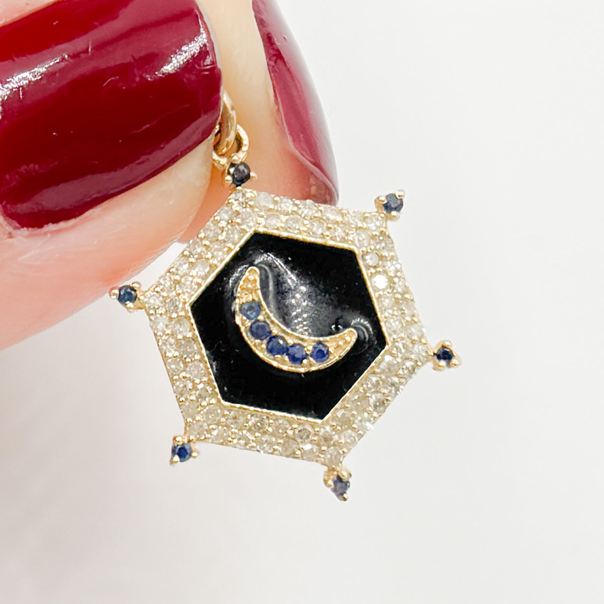 KG226. 14K Gold Hexagon Moon Pendant