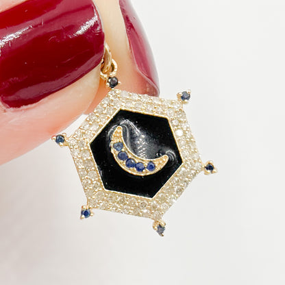 KG226. 14K Gold Hexagon Moon Pendant