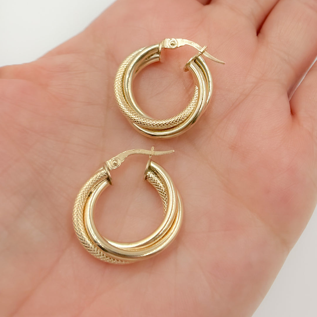 15850006741. 14K Solid Gold Smooth and Textured Twisted Triple Hollow Hoop Earrings