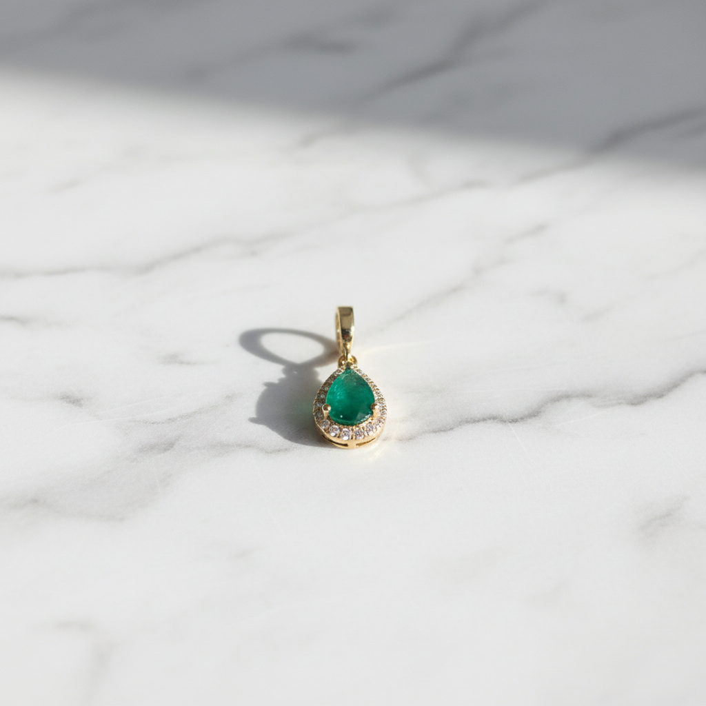 CMB00360EM. 14K Solid Gold Drop-Shaped Emerald and Diamond Charm