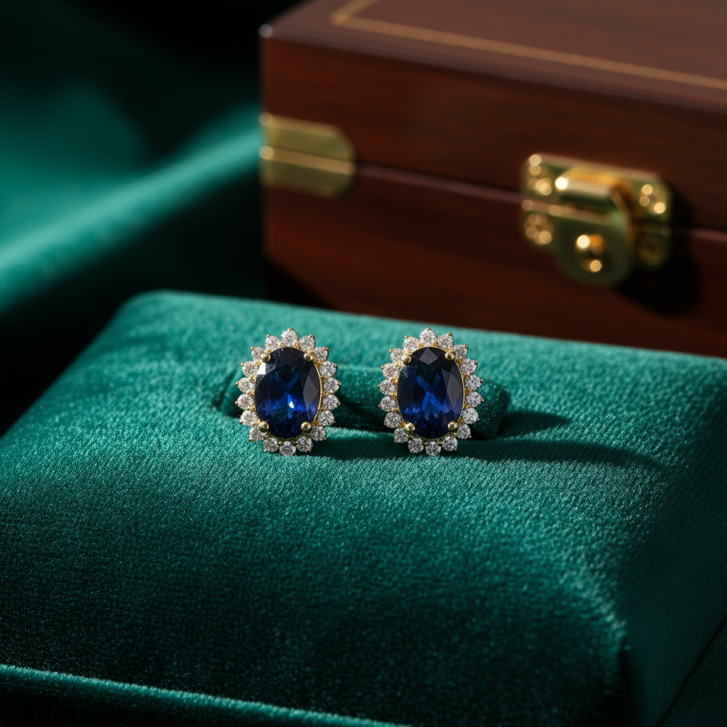 ER113641. 14k Solid Gold Diamond and Gemstone Oval Stud Earrings