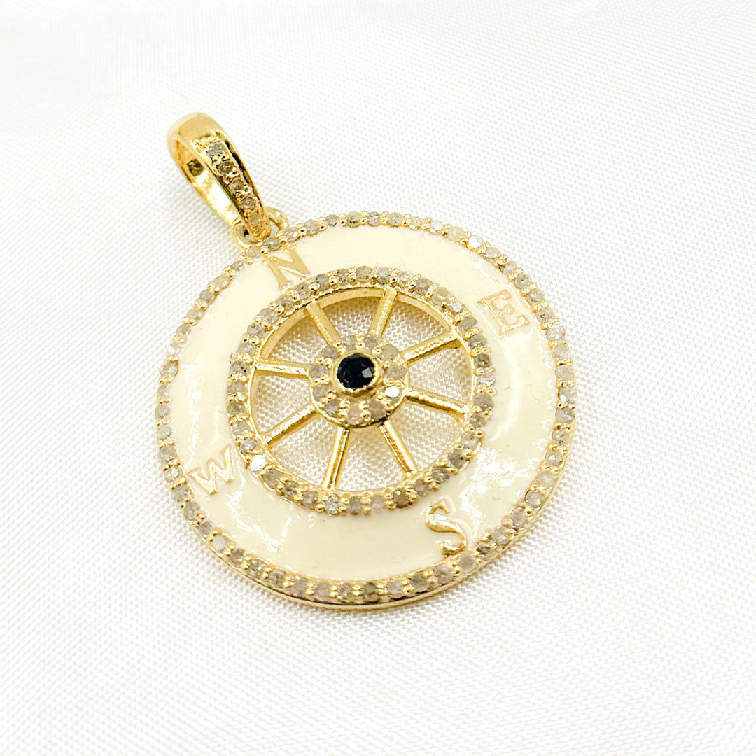 DP669A. Diamond Sterling Silver Round Compass Enamel Pendant with Gemstone