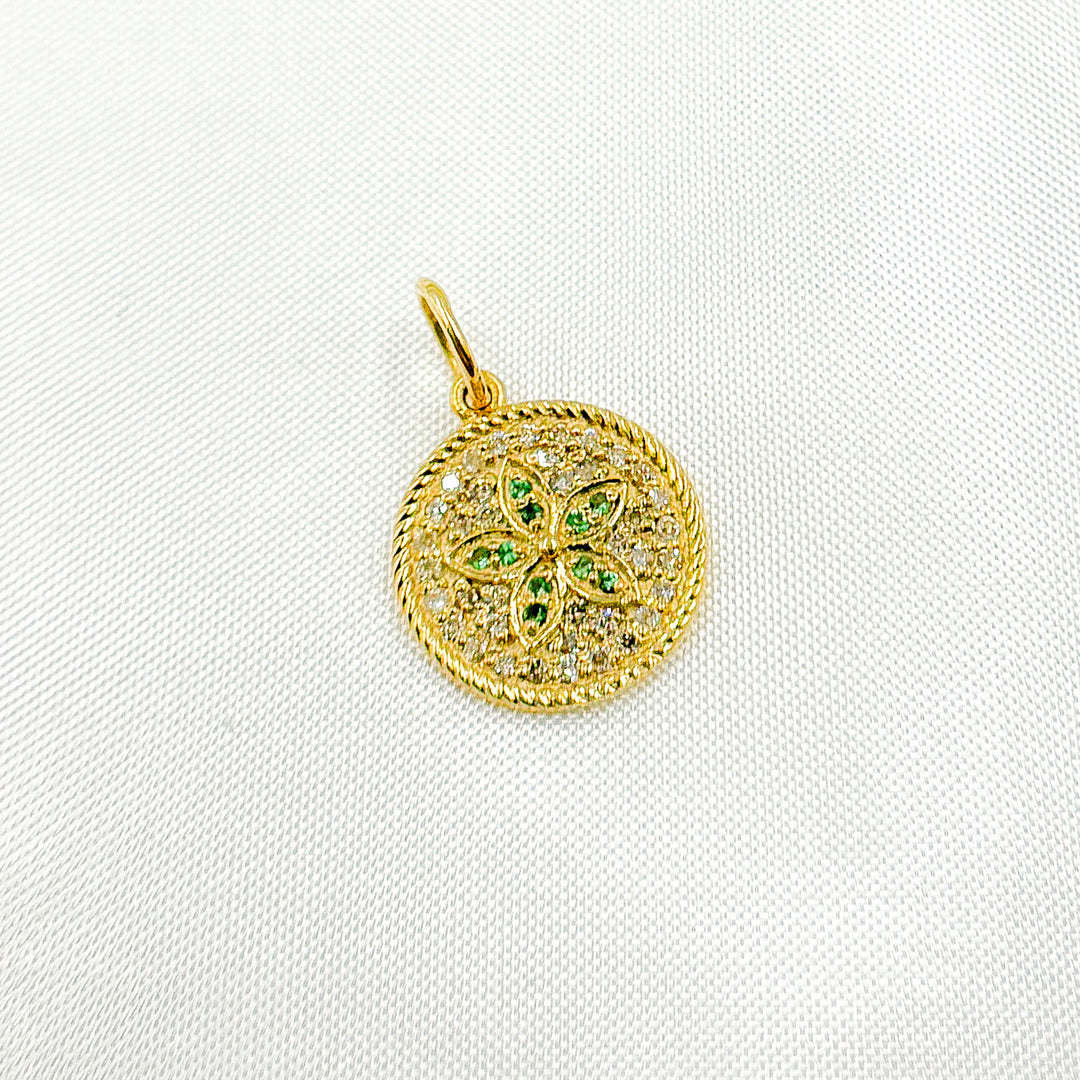 14K Solid Gold Diamond and Gemstone Flower Circle Charm. GDP364