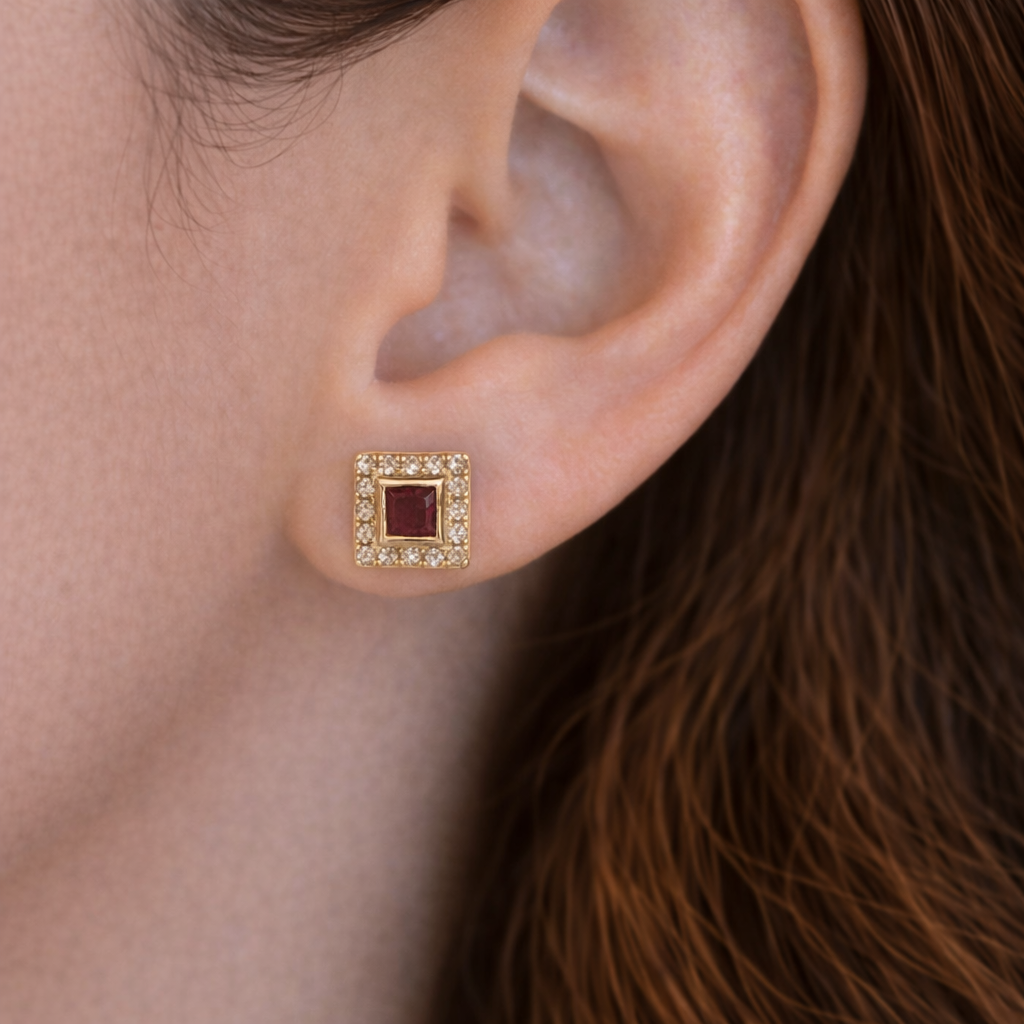 EFD54155. 14K Solid Gold Diamonds and Gemstone Square Stud Earrings