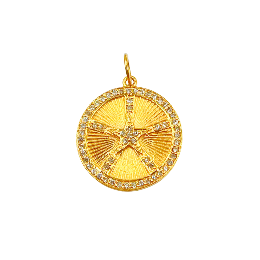 14K Solid Gold Diamonds Star Circle Charm. GDP160