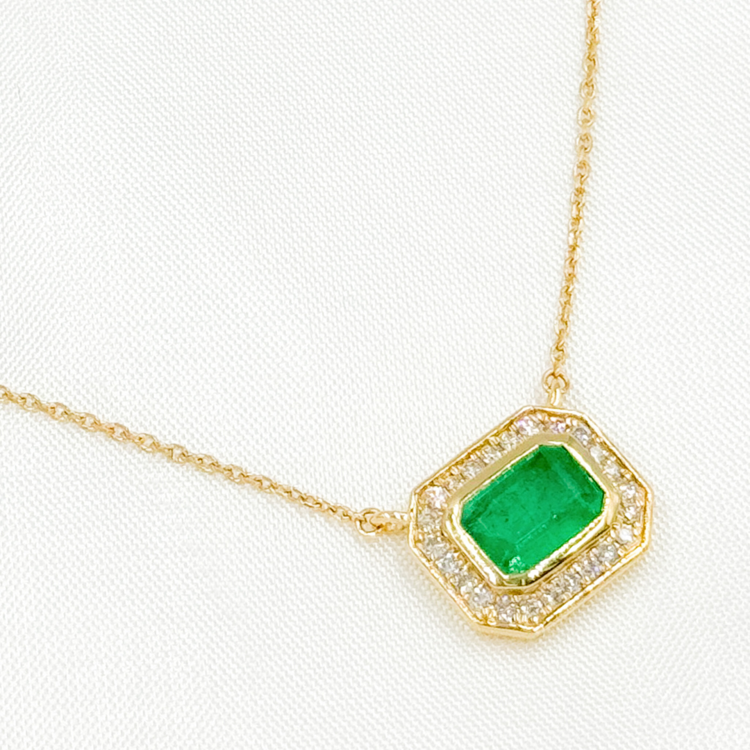 14k Solid Gold Emerald and Diamond Rectangle Necklace. NFC71412EM