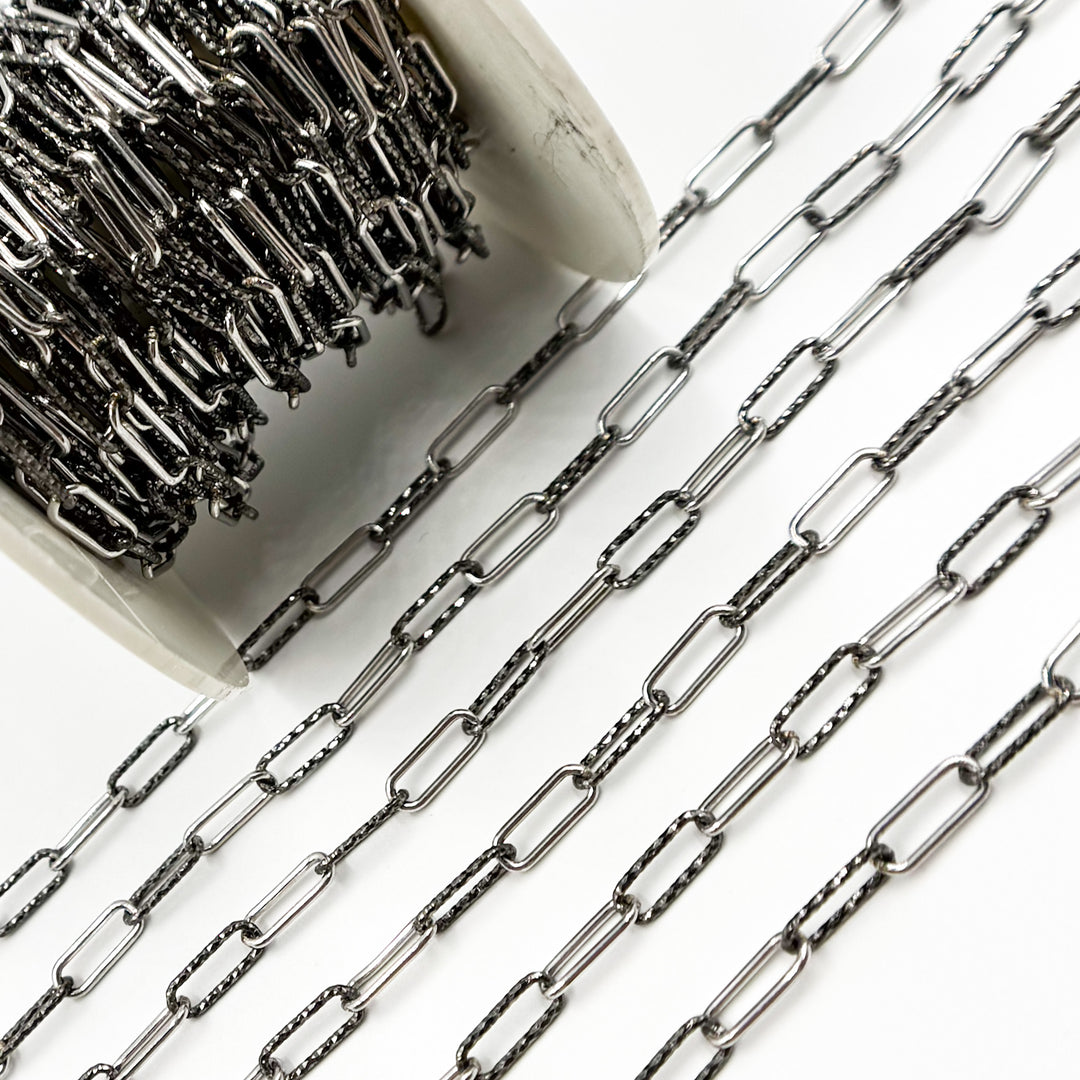 Black Rhodium Sterling Silver Diamond Cut and Smooth Paperclip Chain