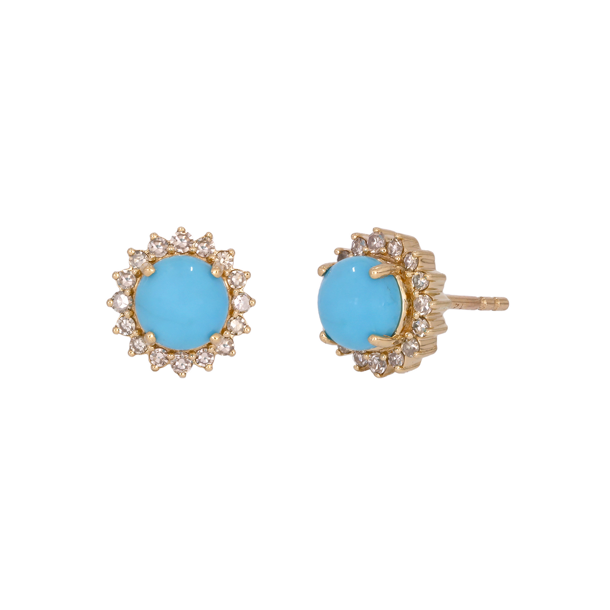Buy 4K Solid Yellow Gold Diamond and Turquoise Round Stud Earring