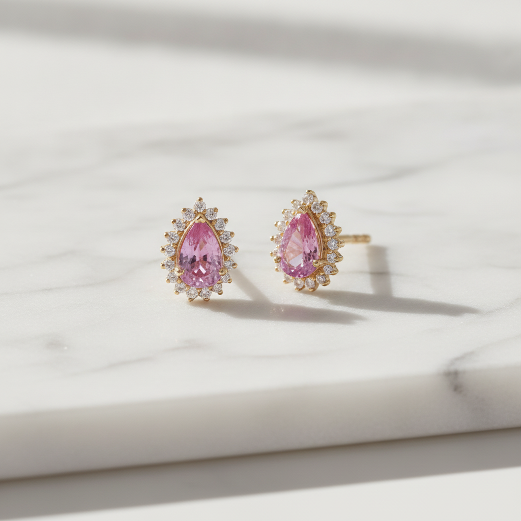 CE96380PS6X4. 14K Solid Gold Pink Sapphire and Diamond Drop Stud Earrings