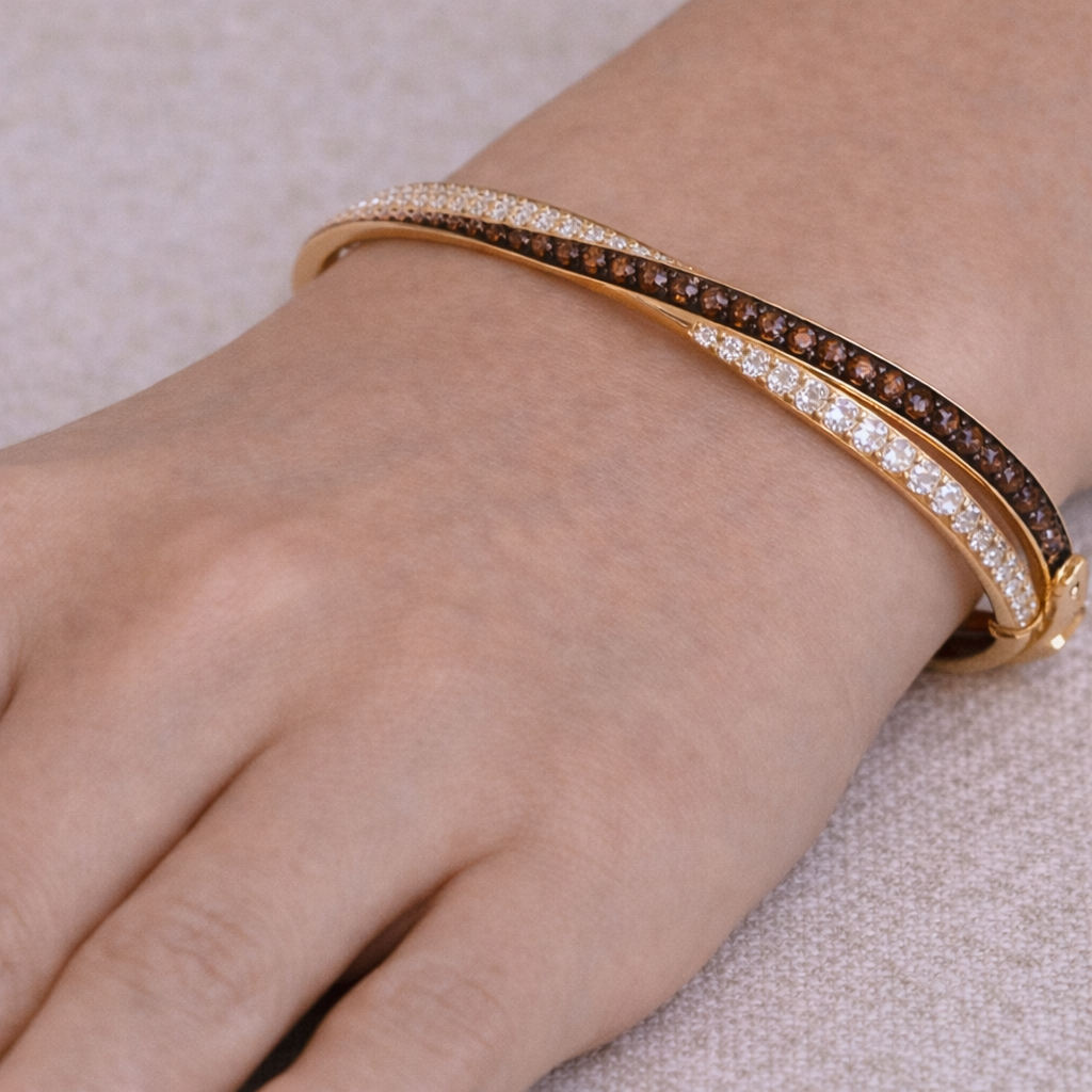 BNN68618C. 14K Solid Gold Brown and White Diamonds Twisted Bangle