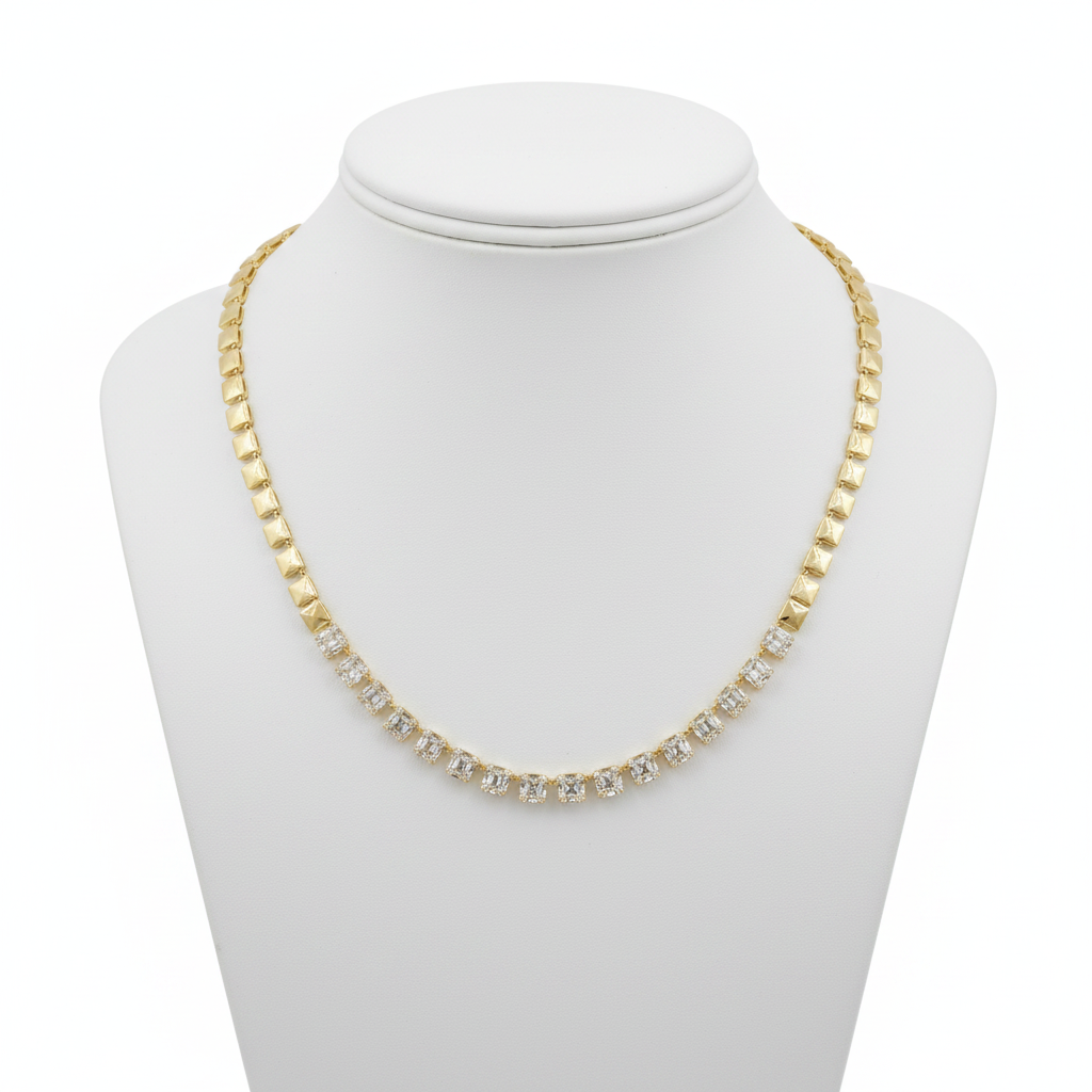 NFP71428. 14K Solid Gold Diamond Baguette Squares Necklace