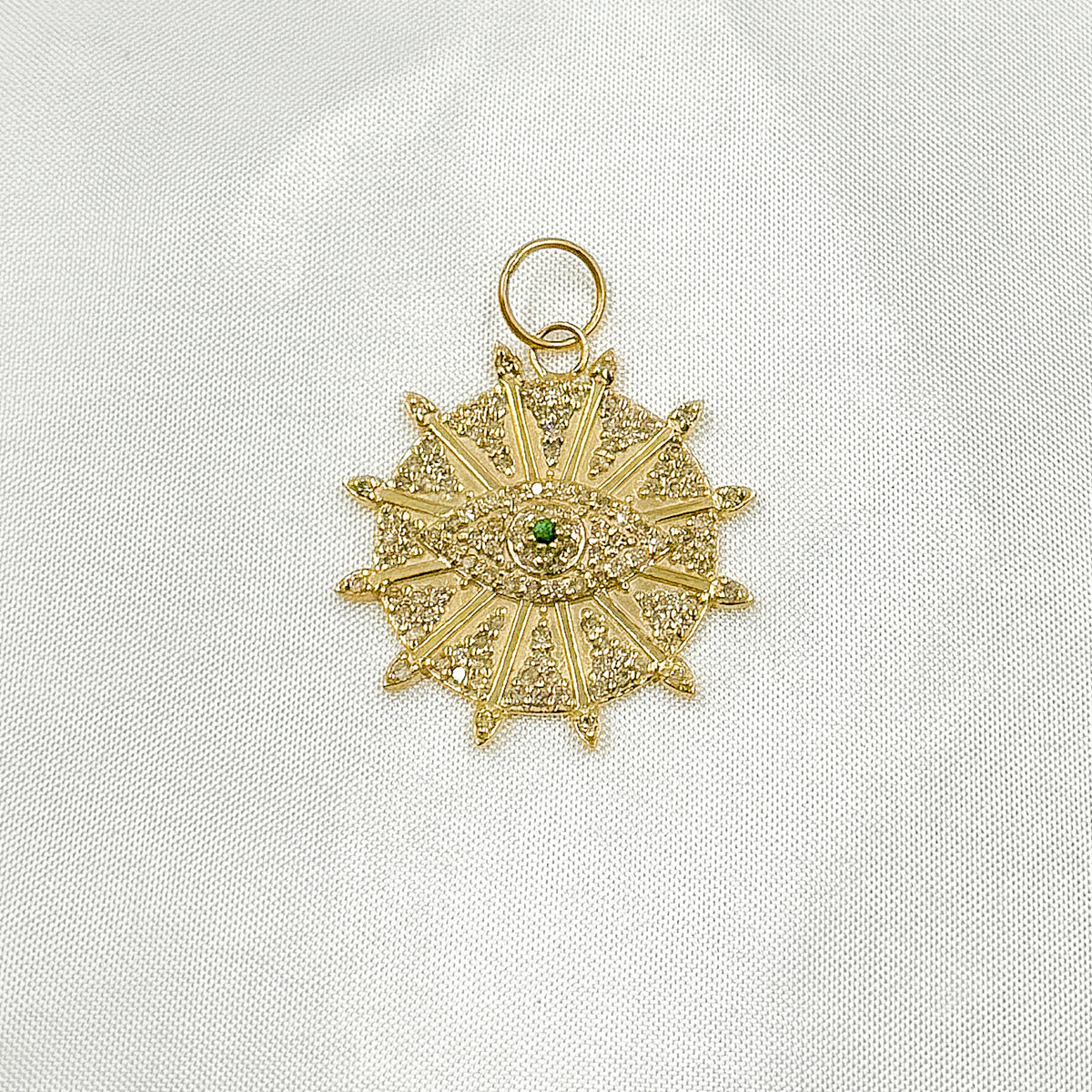 GDP655. 14K Solid Gold Diamond and Gemstone Circle Charm with Arrows and Evil Eye in the Center