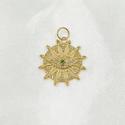 GDP655. 14K Solid Gold Diamond and Gemstone Circle Charm with Arrows and Evil Eye in the Center