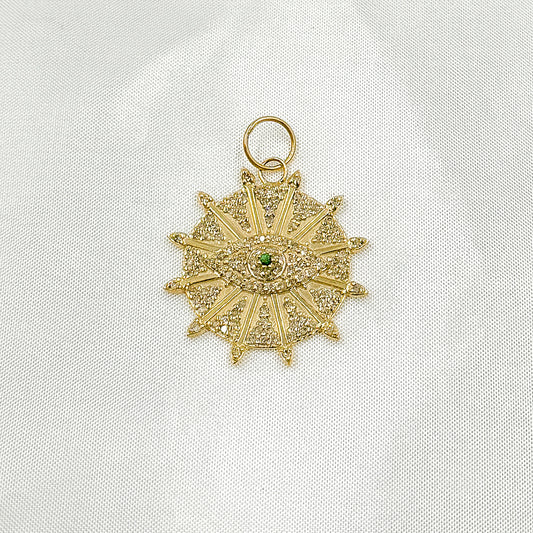 GDP655. 14K Solid Gold Diamond and Gemstone Circle Charm with Arrows and Evil Eye in the Center