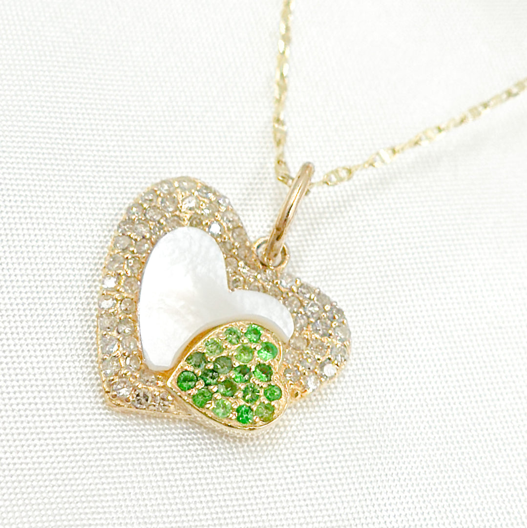 14K Solid Gold Mother of Pearl and Gemstone (Emerald or Blue Sapphire) Diamond Heart Charm. KG243