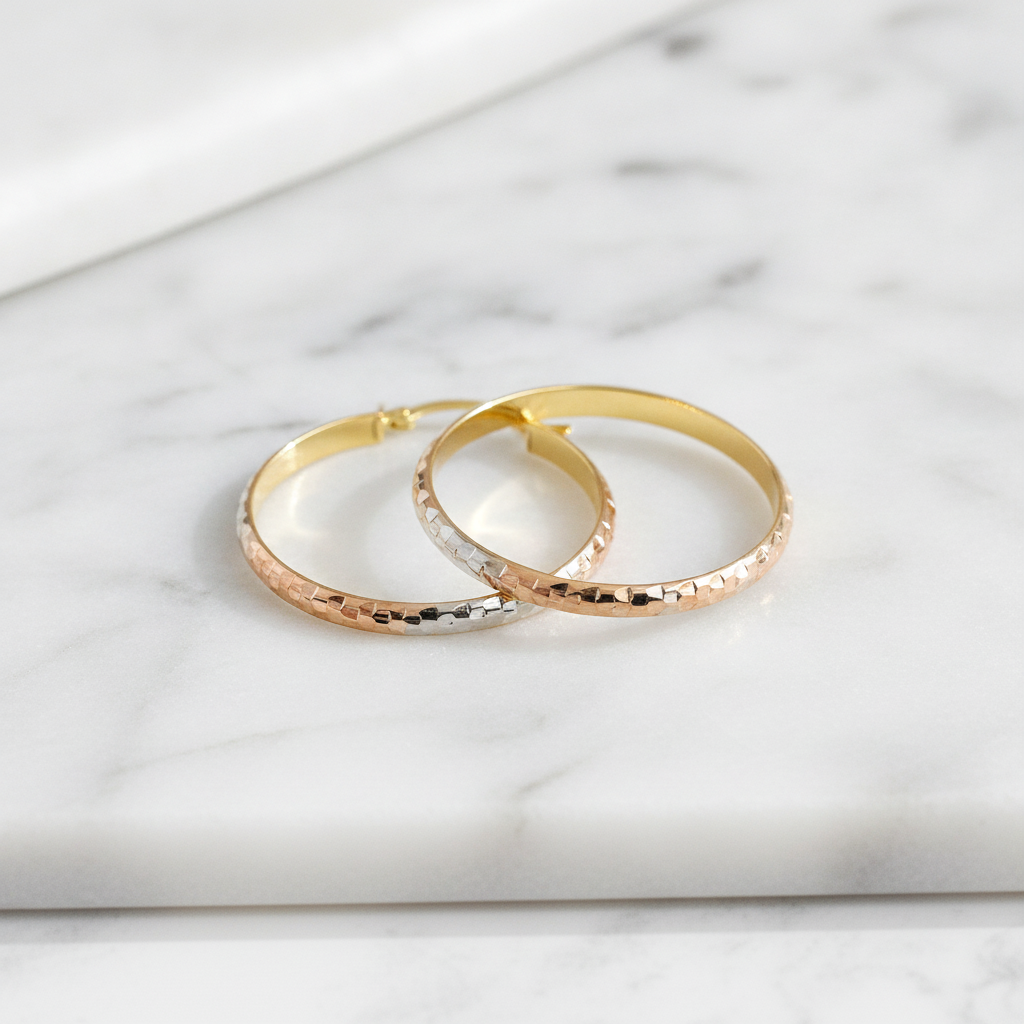 GER75. 14K Gold Diamond Cut Tri-Color Hollow Hoop Earrings
