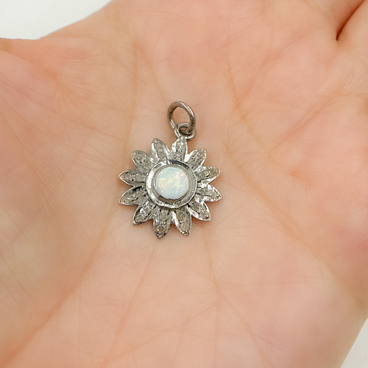 DC407. Diamond Sterling Silver Flower Pendant with Gemstone