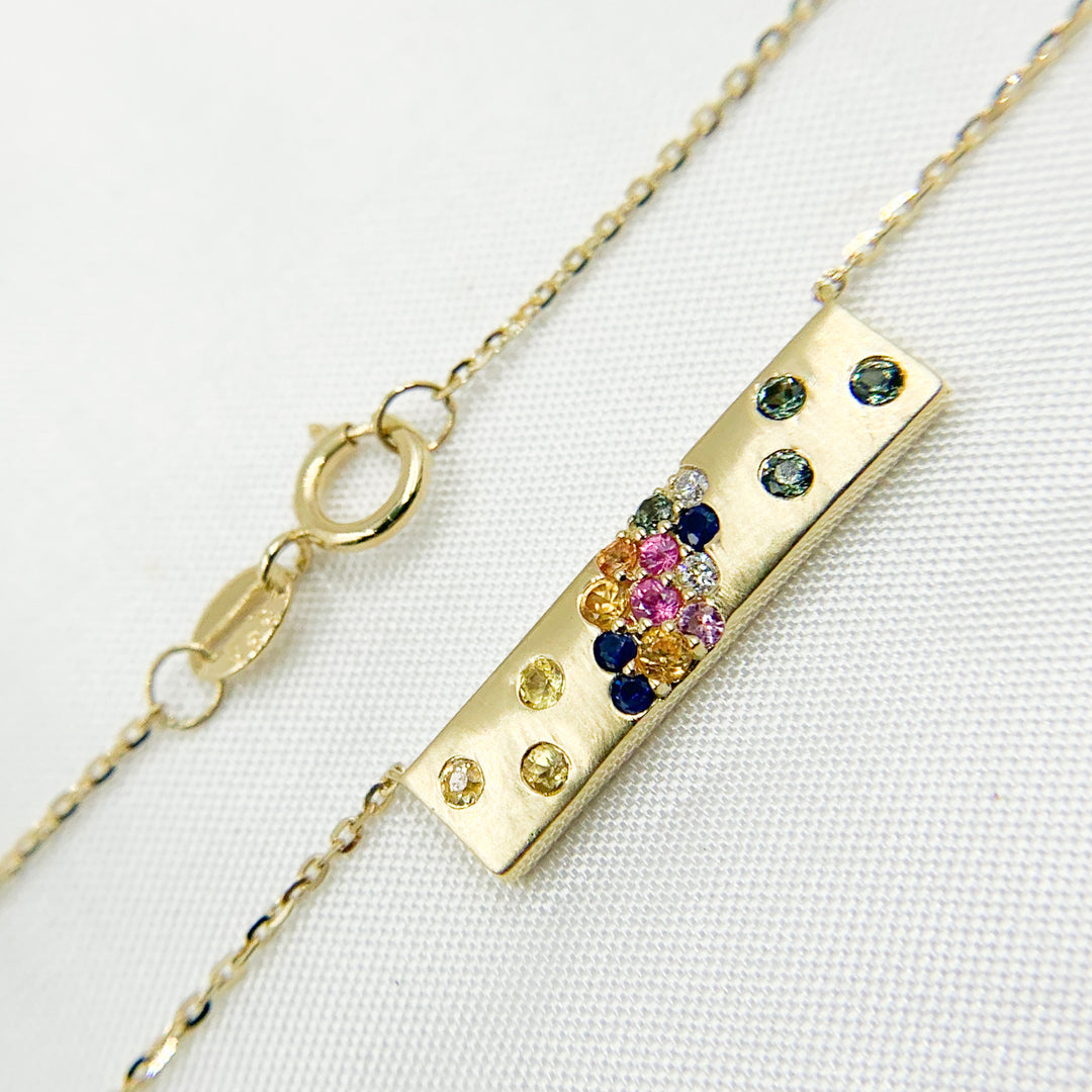 14K Solid Gold Diamond and Multi Sapphire Bar Necklace. NT404694