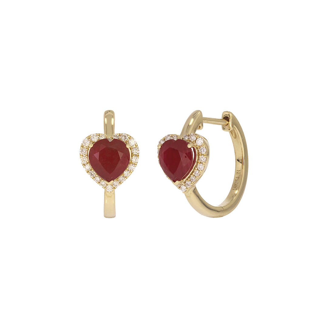 CE96390. 14k Solid Gold Diamond and Gemstone Heart Hoops